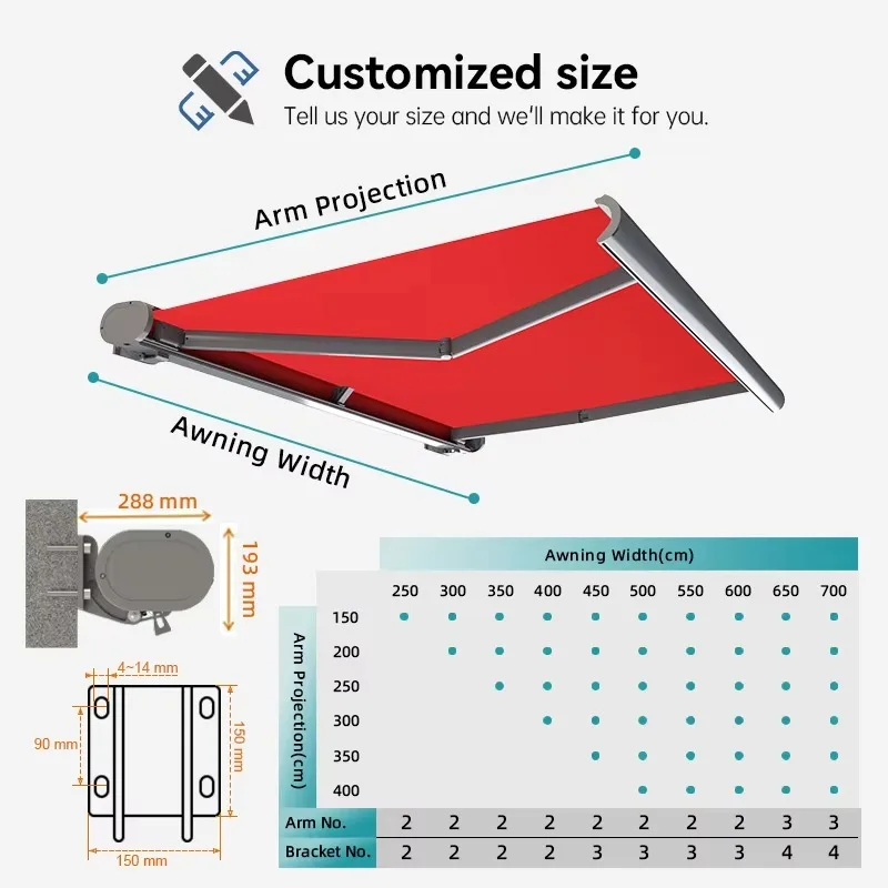 High Performance Alloy Windproof Shade Canopy Electric Remote Retract Folding Arm Awnings for Garden Balcony