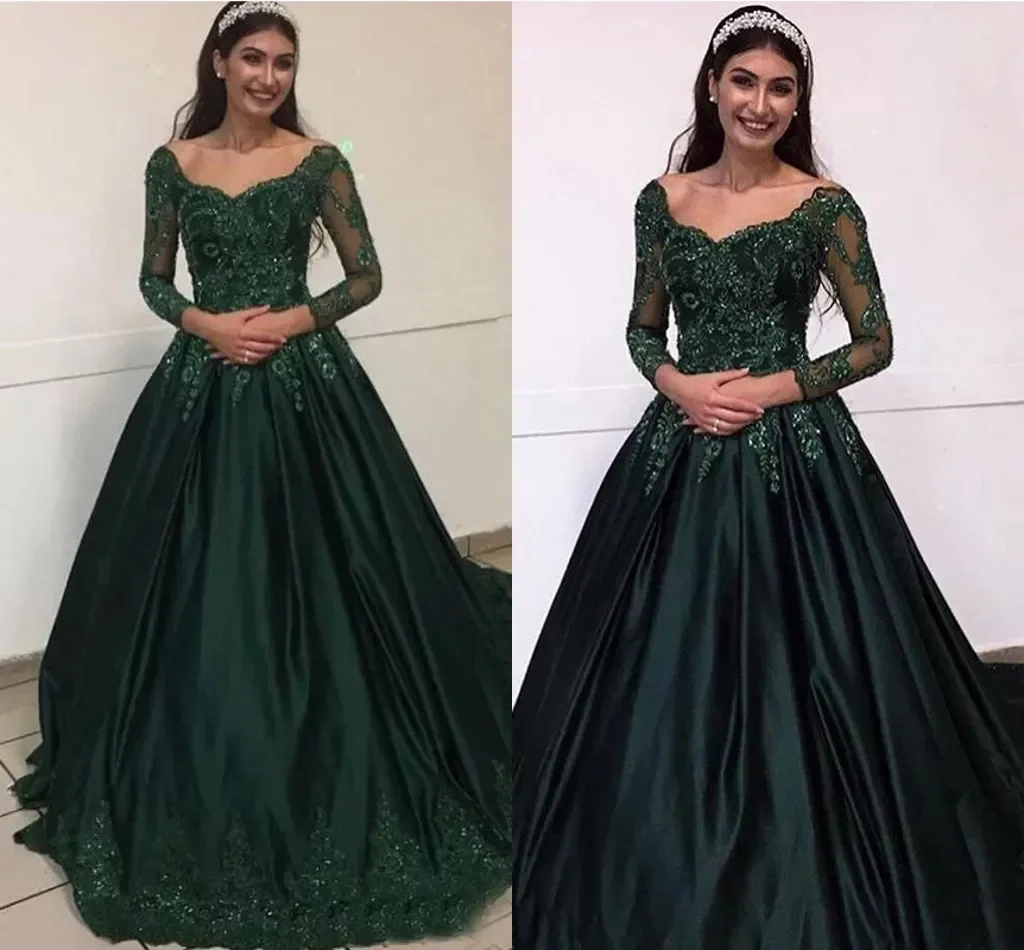 Maßgeschneiderte dunkelgrüne Langarm-Abschlussballkleider Quinceanera-Applikationen, Perlen-Satin-Abendkleider, elegante Damen-Abendkleider für besondere Anlässe