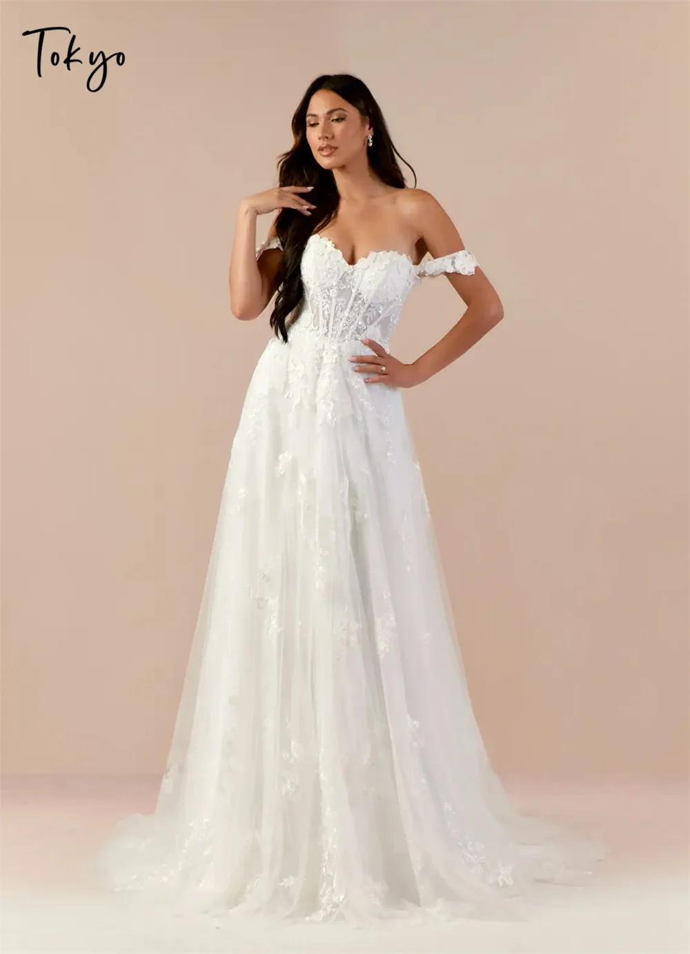 Suknie ślubne z odkrytymi ramionami, bez rękawów, zapinane na zamek z tyłu, w stylu Tokyo, na zamówienie, białe, tiulowe, eleganckie suknie ślubne w kształcie litery A, kolekcja 2025.