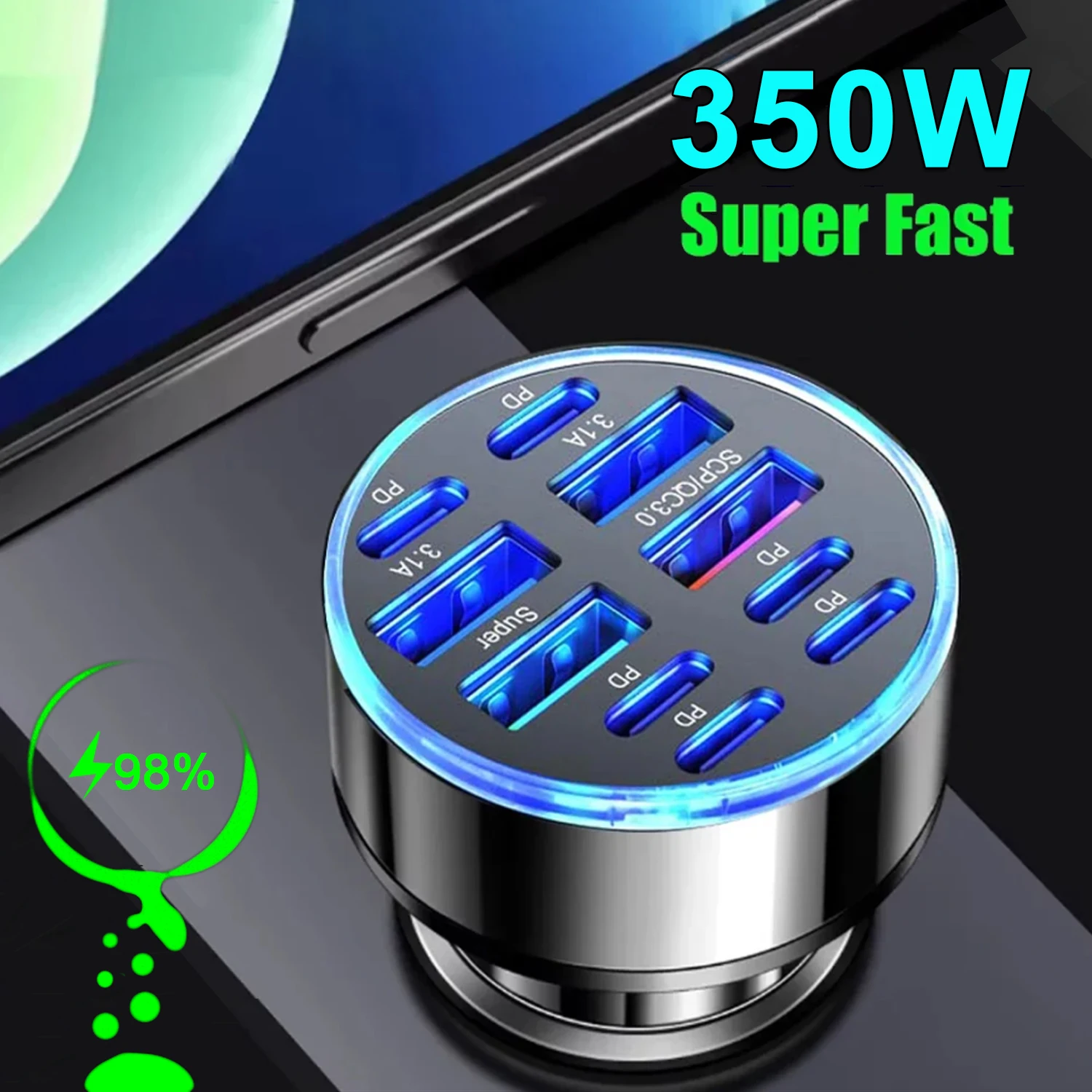 350W PD QC3.0 Digital Display Car Charger Multi Port USB Type C Fast Charging Adapter For iPhone Samsung Huawei Xiaomi Universal