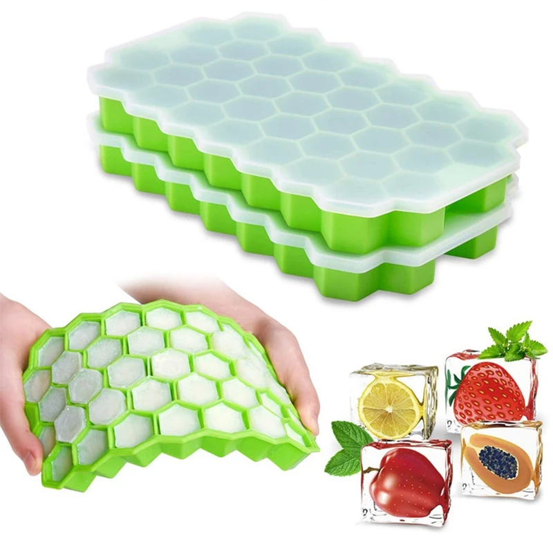 37 Honeycomb Ice Cube Molds Silicone Ice Cube Tray with Lid BPA Free Pub Wine Ice Maker Kitchen Tools