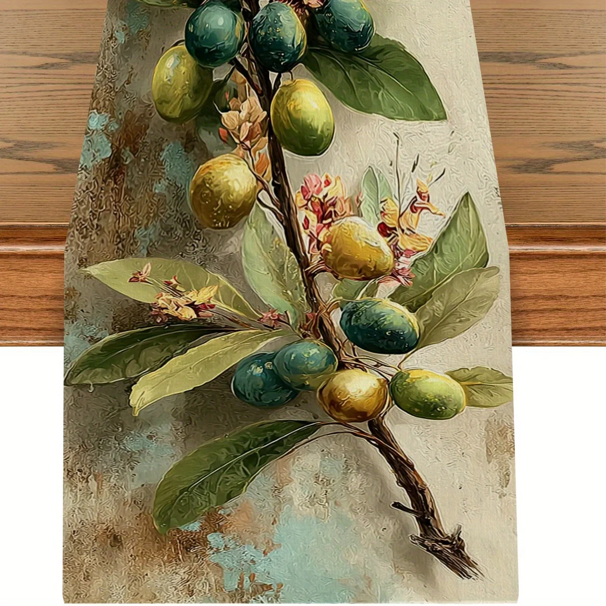 1 Piece of Retro Oil Painting Style Olive Branch Theme Table Flag, Three-Dimensional Brush Strokes Painted Olive Fruit Branches and Leaves, Suitable for Pastoral Restaurants, Art Studios, European B&Bs, Wine Tasting Parties, Handicraft Markets, Retro Tea Rooms, Natural Soft Furnishings, Cultural Salons