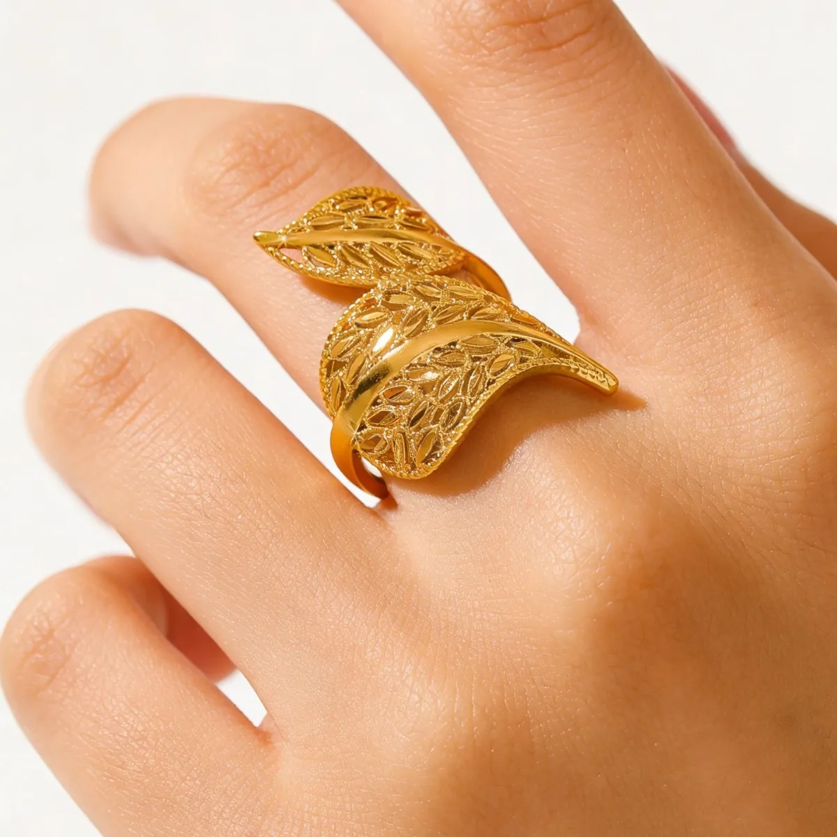 Lightweight Twin Leaf Open Ring For Women 24K Gold AU999, comfortable to wear