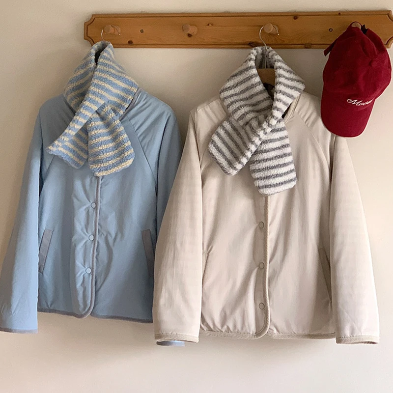 Y2K Korean Double-Sided Cotton-Padded Coats Women Chic Single Breasted Polar Fleece Jackets Stripe Contrast Color Winter Parkas