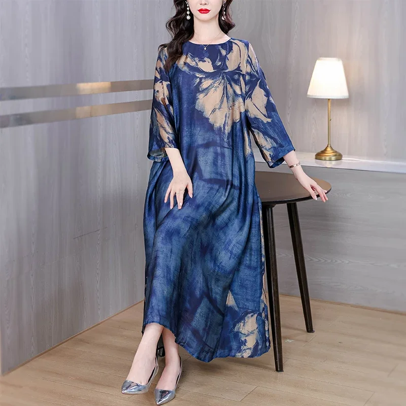 ヴィンテージプリントブルーシルクサテン高品質ドレスエレガントな女性のボディコン Vestidos 夏カジュアルプラスサイズミディドレス JJ15