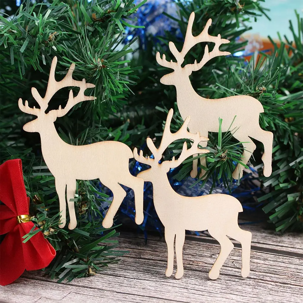 5-50 PCS Christmas Wooden Cutout Craft Reindeer Letter Veneers Slices For Patchwork DIY Decoration Christmas Party Tree Pendant