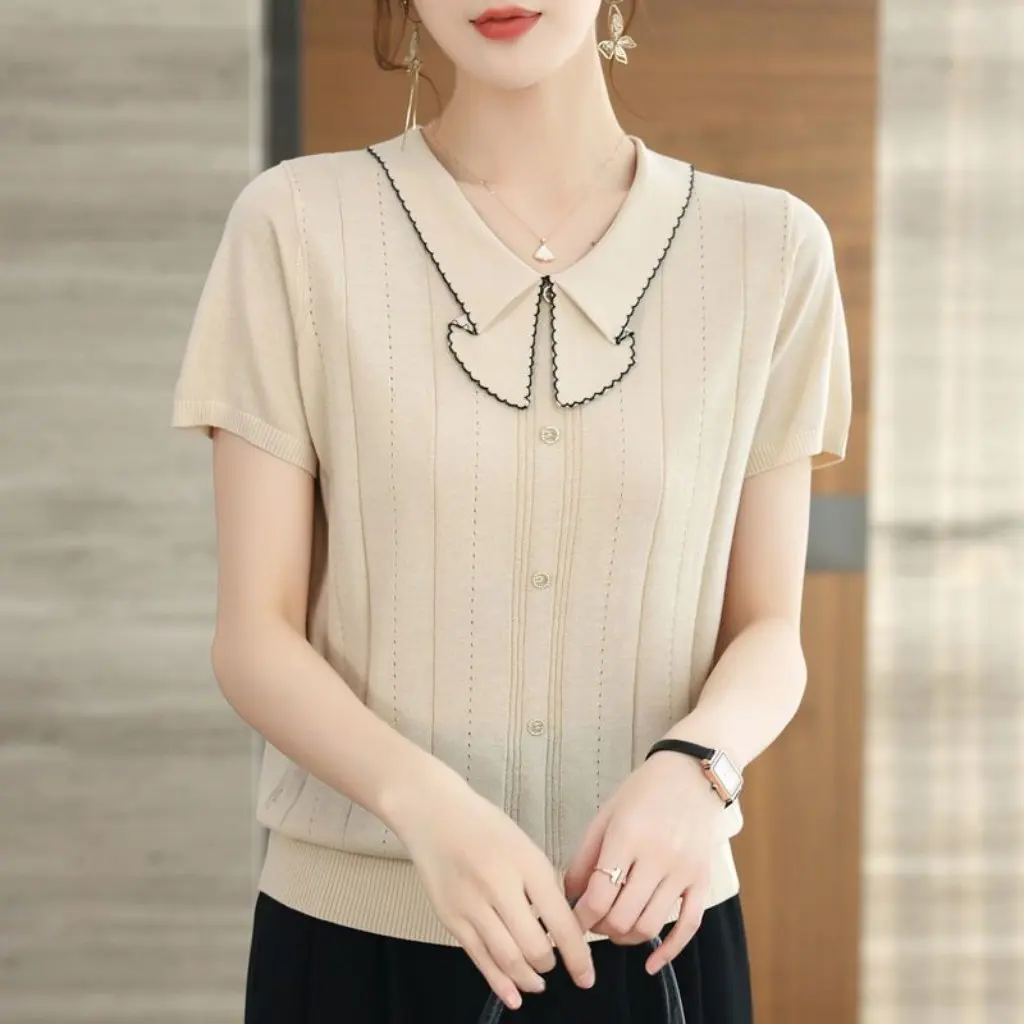 

Summer Ice Silk T-Shirt for Women Short Sleeve Elegant Knitted Lapel Jacket Thin Young Mother's Fashion