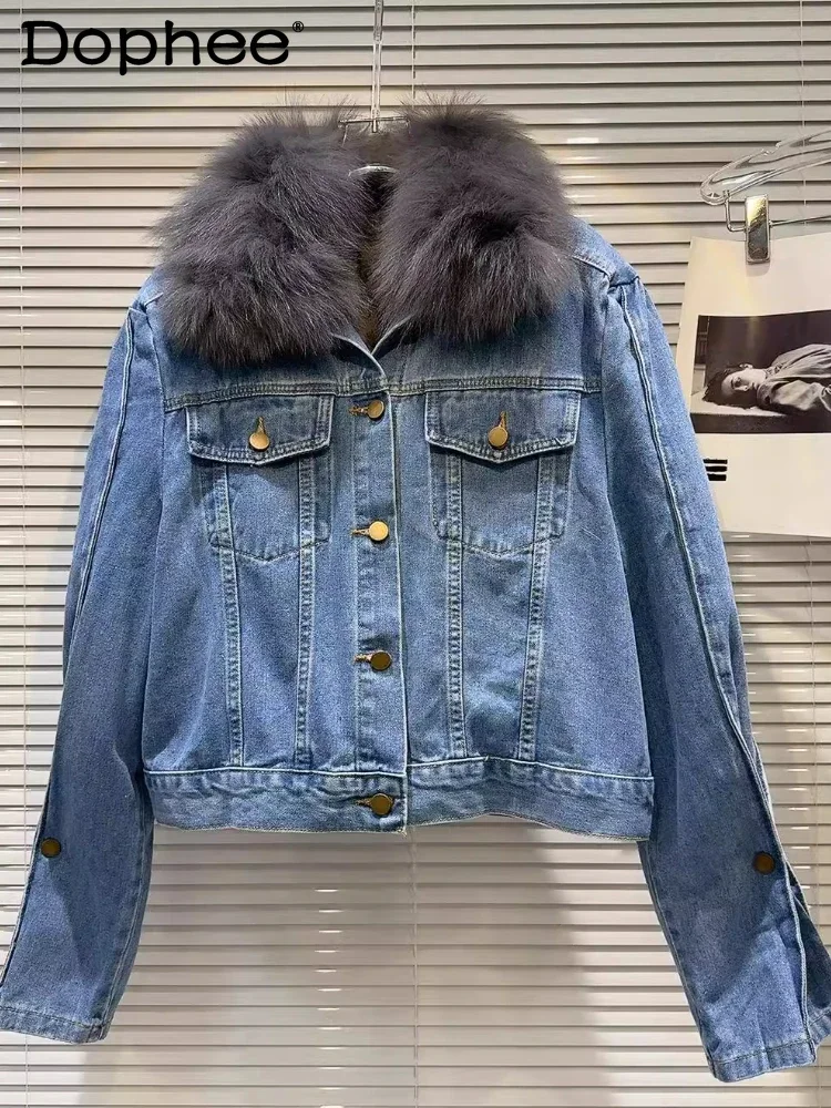 Blue Jeans Jacket for Women Winter New Artificial Fox Fur Collar Fur Liner Warm Denim Jacket Fashion Jacket and Coats 2025