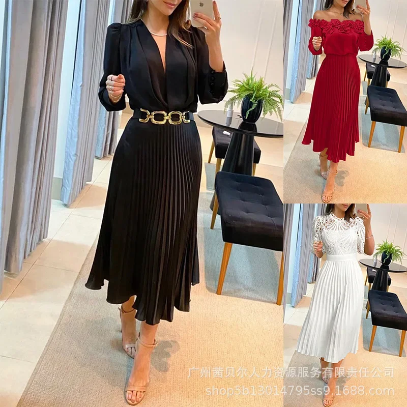 Women Long Dress Solid Color Satin Full Sleeve Deep V Cinched Pleated Dress Lace Ruffles Sexy No Belt