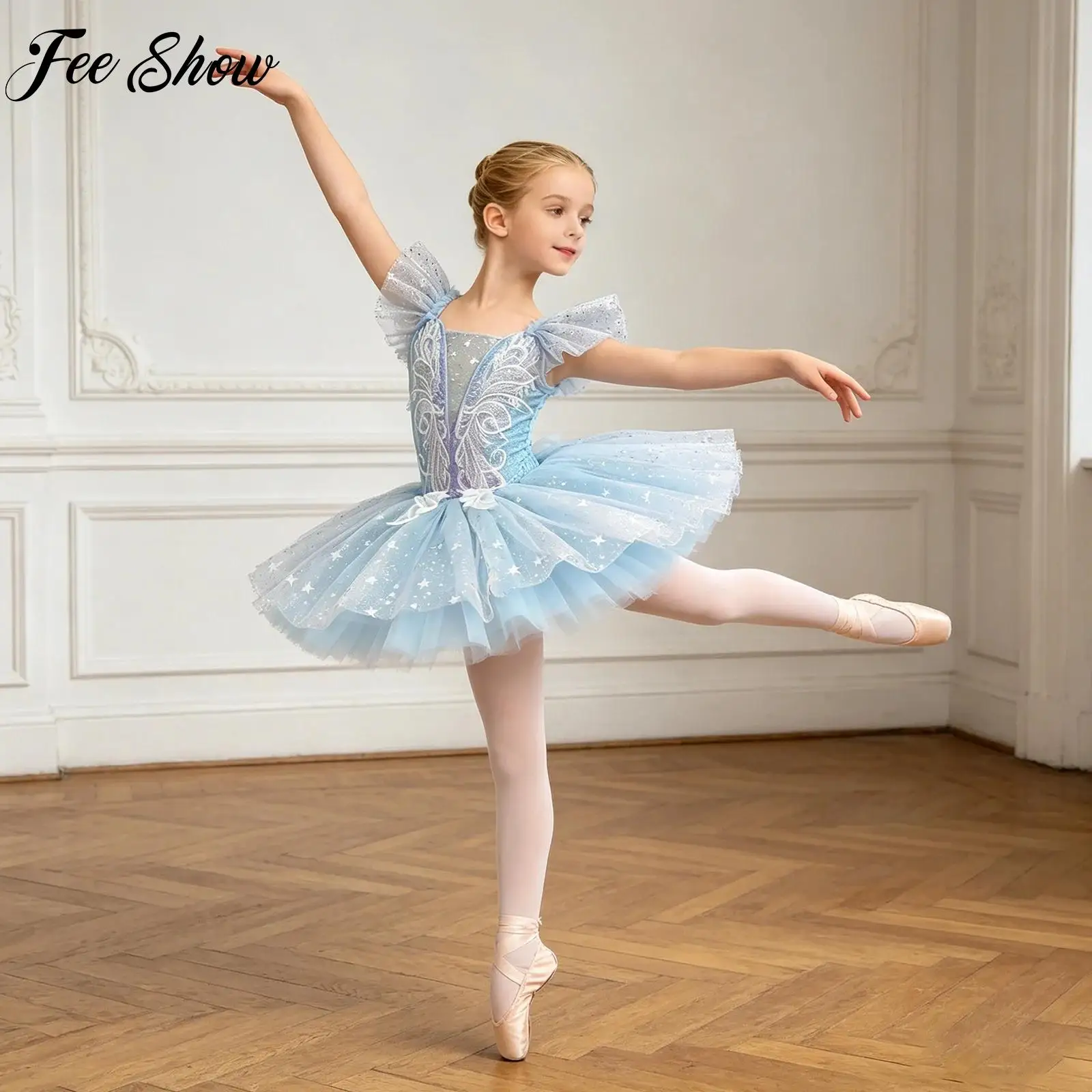Kids Girls Sequin Tulle Tutu Ballet Dress Ruffled Sleeves Embroidery Bodice Dress with Bowknot Ballerina Dance Performance Dress