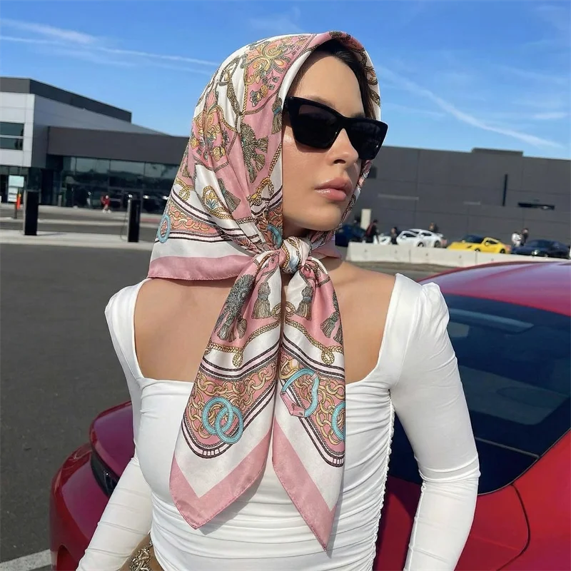 

Square Silk Scarf Women Luxury Brand Satin Print Hijab Scarves Muslim Pareo Bandana Female Shawl Wrap Headband Foulard 90cm