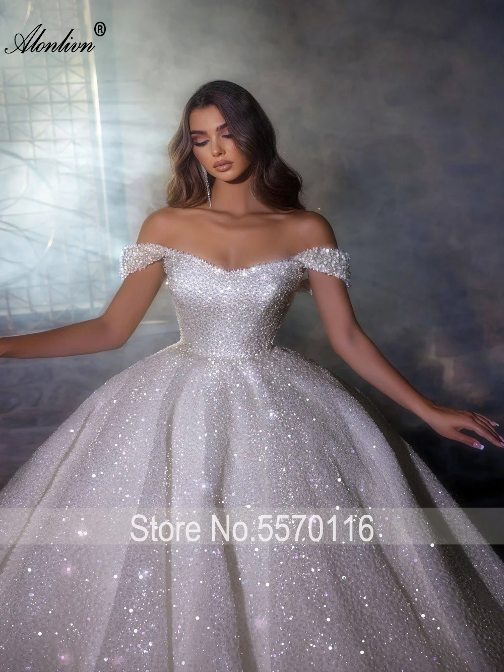 Alonlivn Vintage Beading Pearls Lace Boat Neck Ball Gown Wedding Dresses Novias Off Shoulder Sleeves Elegant Bridal Skirts