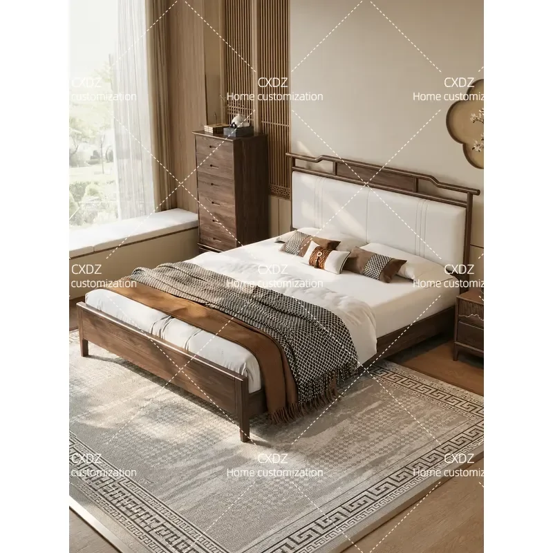 North American Black Walnut Solid Wood Bed Master Bedroom Song Style Aesthetic Zen Leather Soft Bag Bed Super Comfortable