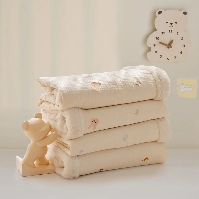

Baby Blanket For Boys Girls Thick Winter Warm Muslin Newborn Blanket Unisex Bear Bunny Embroidery Infant Nap Cover