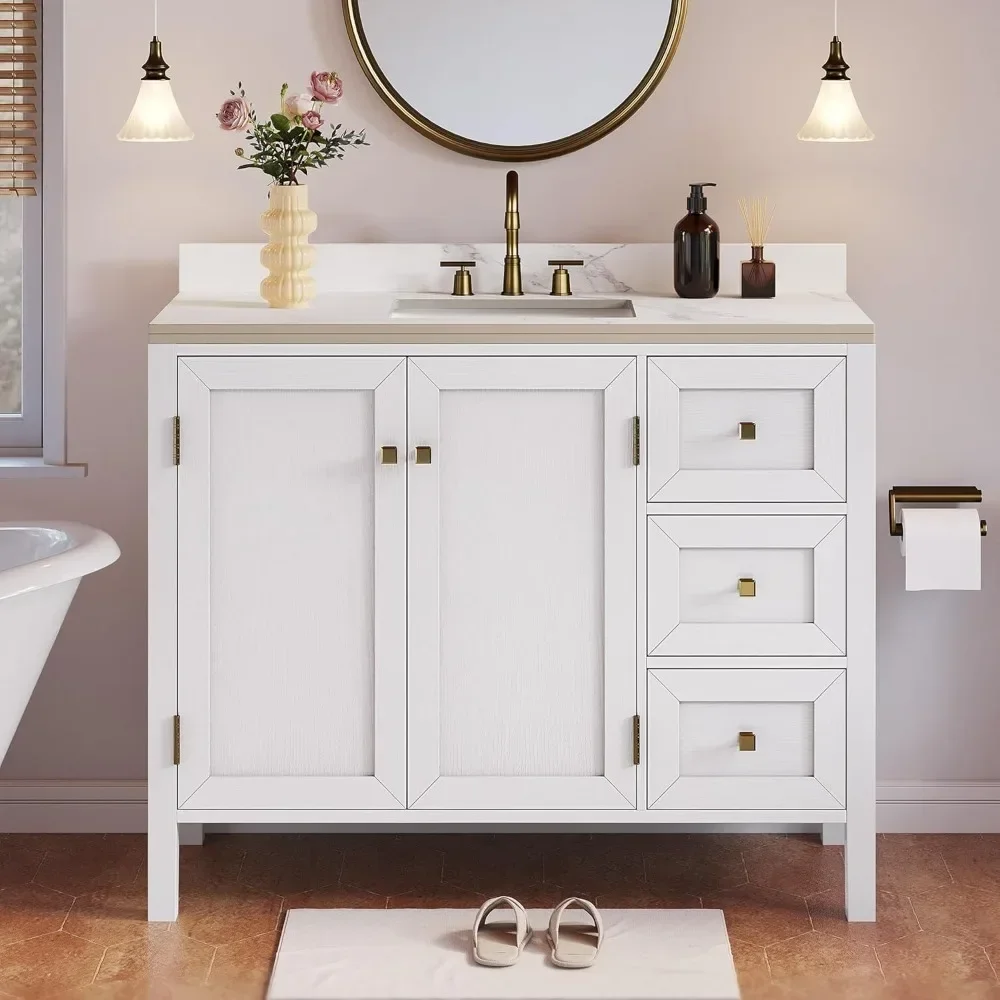 

For 40" Bathroom with Sink Combo, Modern Bathroom Storage Cabinet with Sintered Stone Countertop & Splash Guard, Three Holes