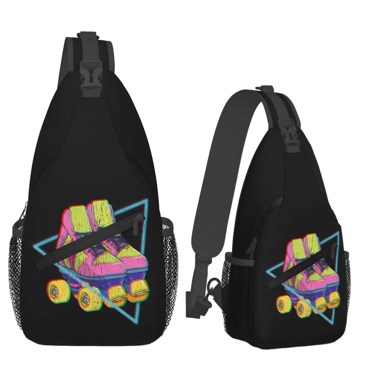 Retro Roller Skates Colorful Chest Bag Men Sling Crossbody Backpack Chest Bag Traveling Hiking Daypack Shoulder Bag