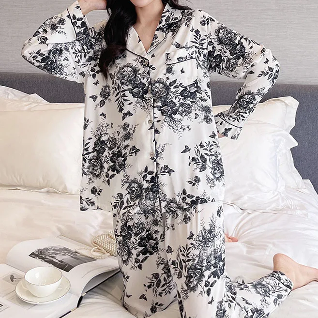 Print Flower Pajamas Pour Femme Home Clothes Summer Lapel Sleepwear Button-down Pyjamas Satin Women Elastic Waist Nightgown