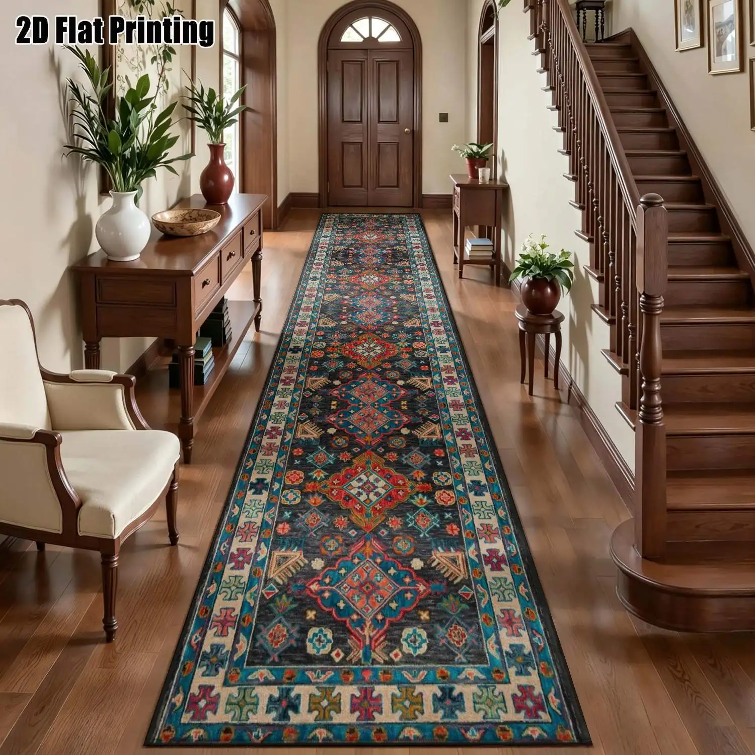 1Pc 2D Printed Long Strip Runner Carpet: Retro Geometric Floral, European/Bohemian Style, Machine Washable, Multi-Size, Ideal for Hallway, Entrance, Living Room, Bedroom Home Decor