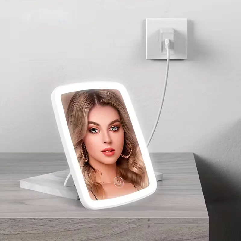 스탠드 데스크탑 접이식 컴팩트 스퀘어 여행 화장품 휴대용 조명 화장대 거울 터치 스크린 탁상용 LED 메이크업 거울