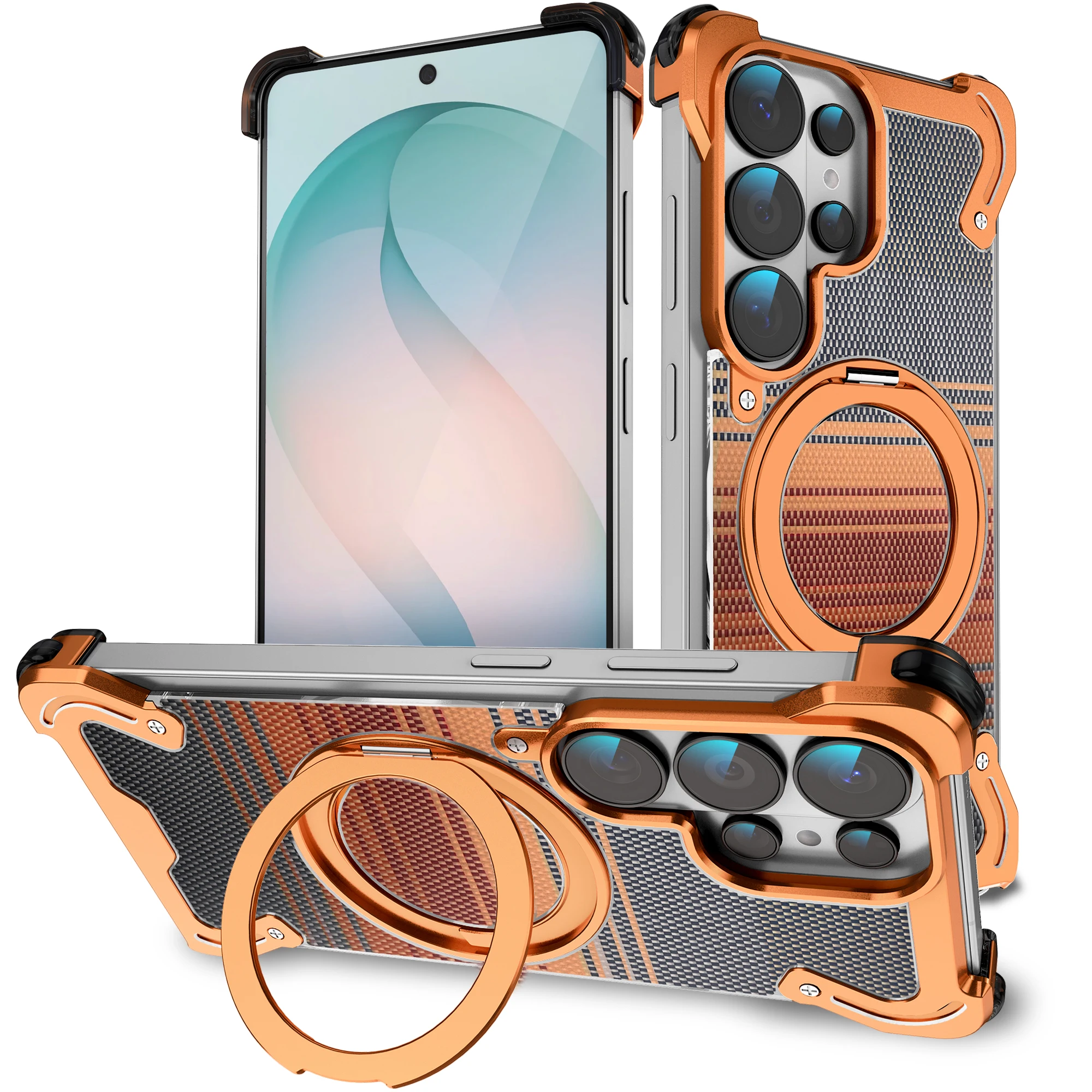 

360-degree Rotating Bracket Titanium Alloy Carbon Fiber Edgeless Phone Case for Samsung S26ultra 25 24 Slim Shockproof Cover