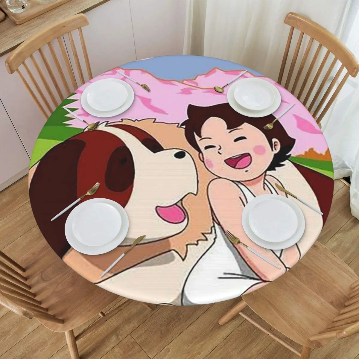 Anime Heidi Girl Of The Alps Peter Grandpa Waterproof Round Tablecloth Table Cloth for Kitchen Events Dining Table Cover