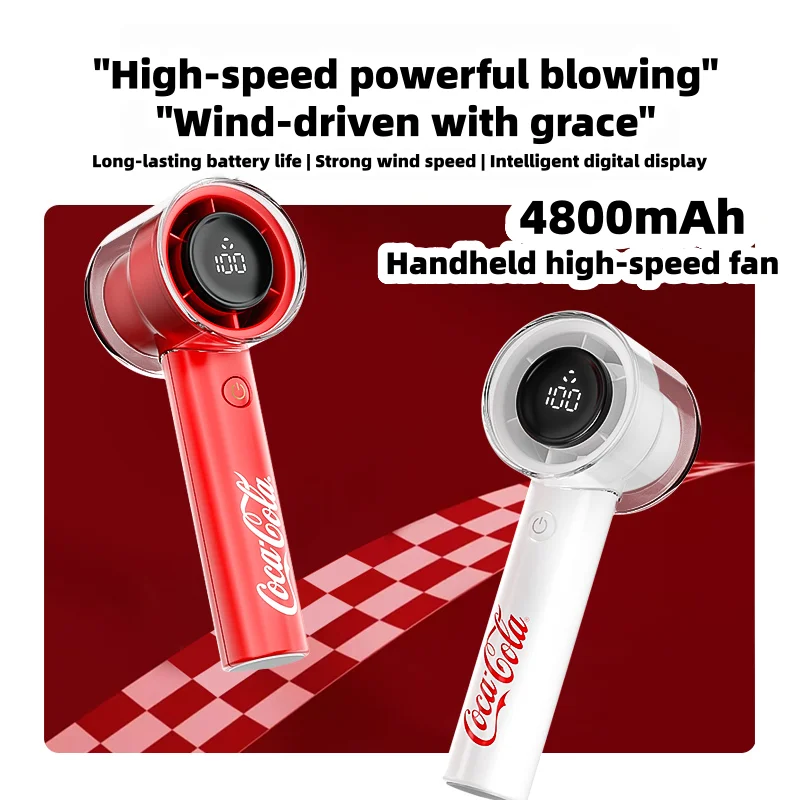 Mini Ventilador Coca Cola de 4800 mAh, Ventilador Turbo de Mano con Pantalla LED, 5 Velocidades Ajustables, USB Portátil Recargable, Ventilador Pequeño para Exteriores
