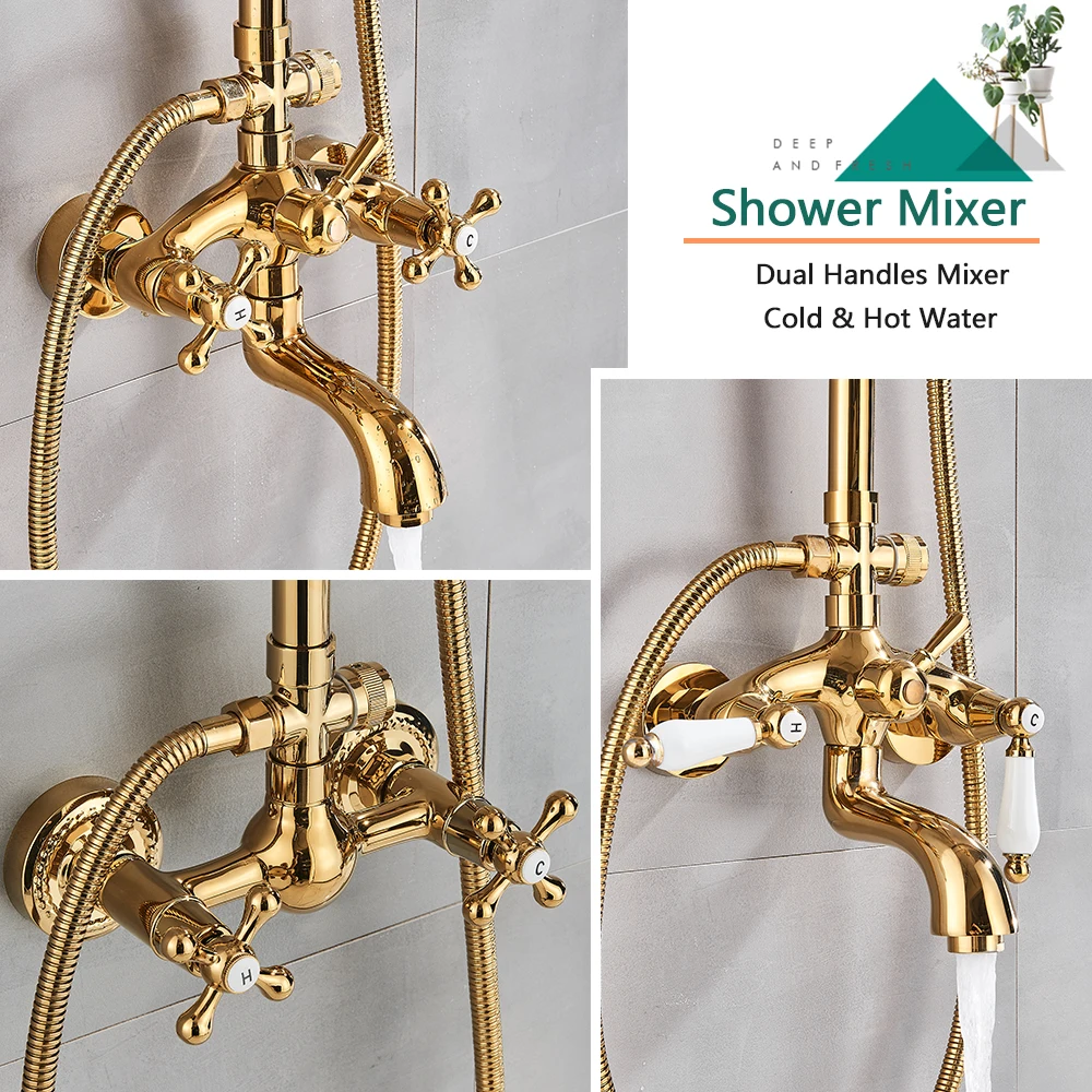 Faucet Set Wall Mounted Brass Shower Gold Bathroom Shower  Faucet with Tub Spout Hot and Cold Water Dual Handles Mixer Tap