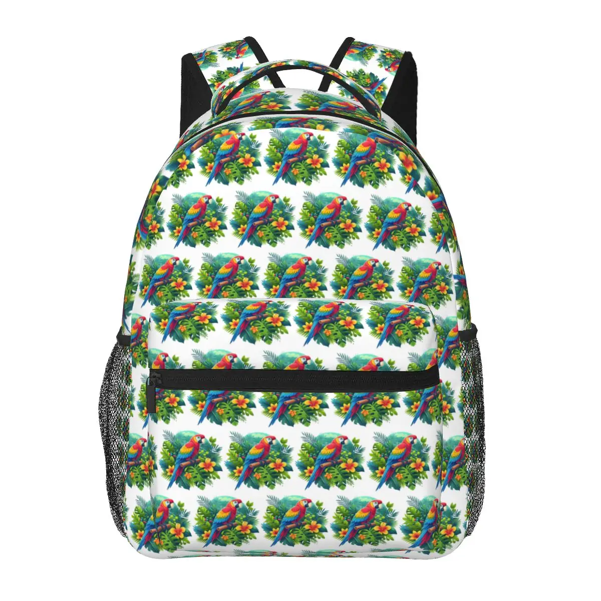 Colorful Tropical Parrot With Flowers Print Student Backpack School Bag Hiking Travel Daypack Men Women Bookbag Shoulder Bags