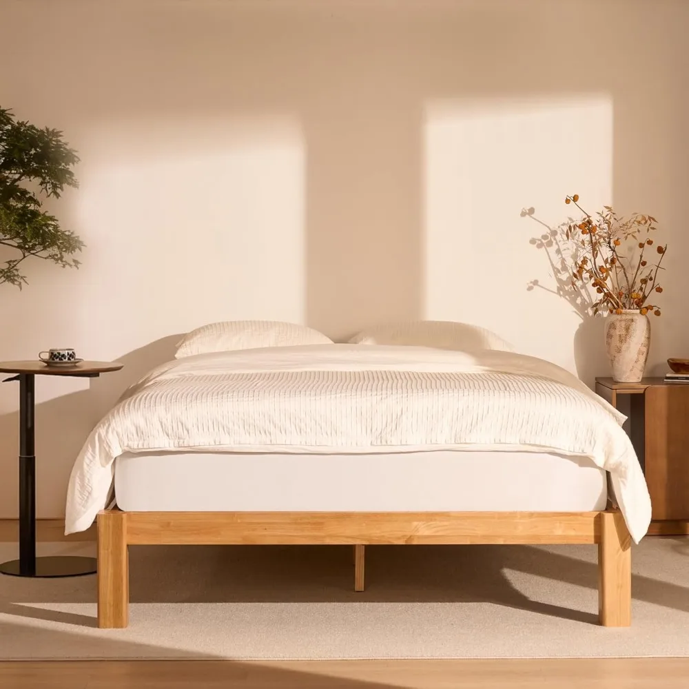 

Bed Frame, Solid Rubberwood Queen Platform Bed, FSC & SGS Certified, 1200lbs Capacity, Japandi Minima