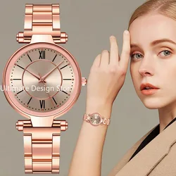 Relógios de aço inoxidável de ouro rosa para mulheres, Classic Round Dial Quartz Watch, Relógios de pulso femininos, Jóias de pulso