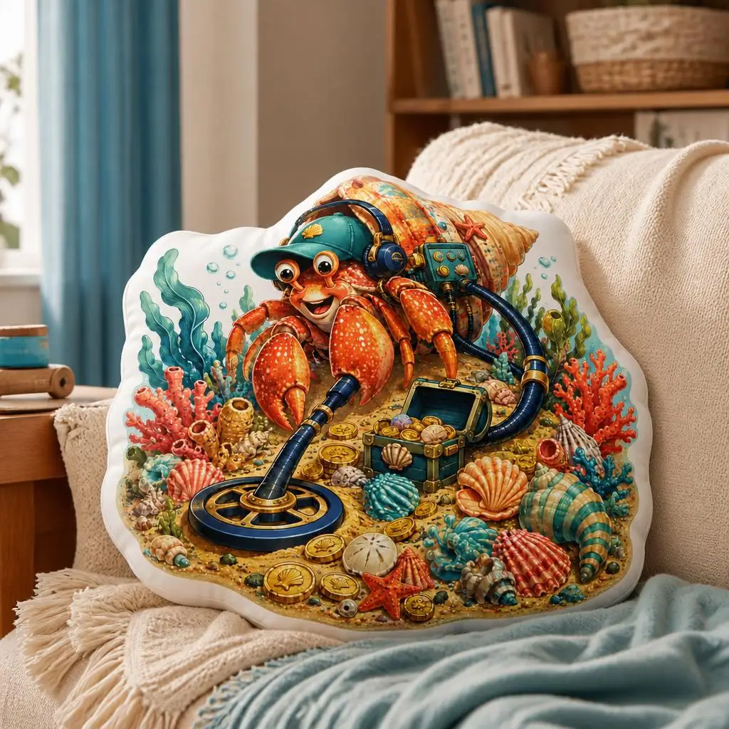 Metal Detecting Hermit Crab Pillow Treasure Hunter Cushion Beachcomber Throw Pillow Shaped Stuffed Coastal Home Decor Gift