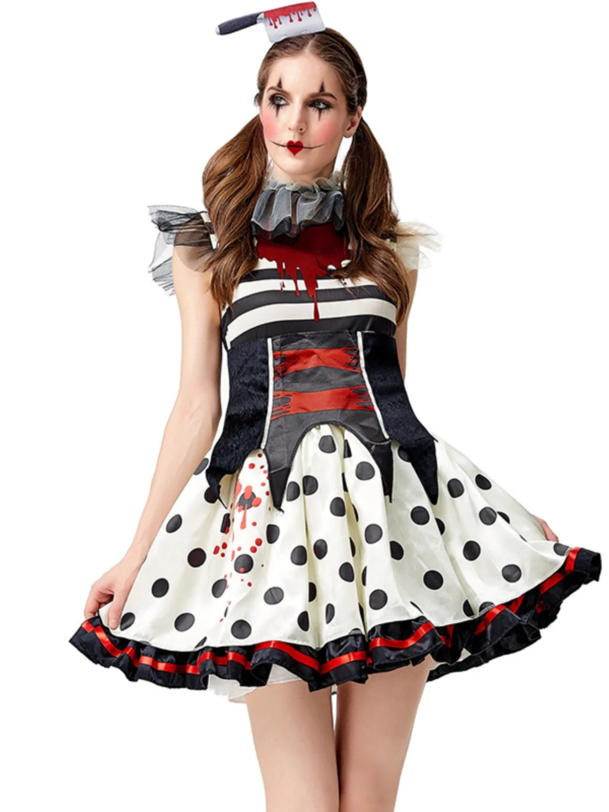 

Хэллоуин ужас большая полосатый горошек кровь разбросанный клоун девушка косплей цирк зомби наряд с кровяным ножом