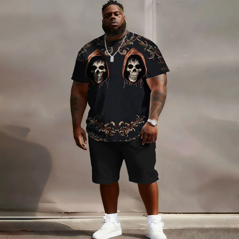 

Мужской комплект с короткими рукавами больших размеров S-9xl: Skull-Chic Vibe — 2 предмета большого и высокого кроя, мягкая ткань, гладкие минималистичные черепа,