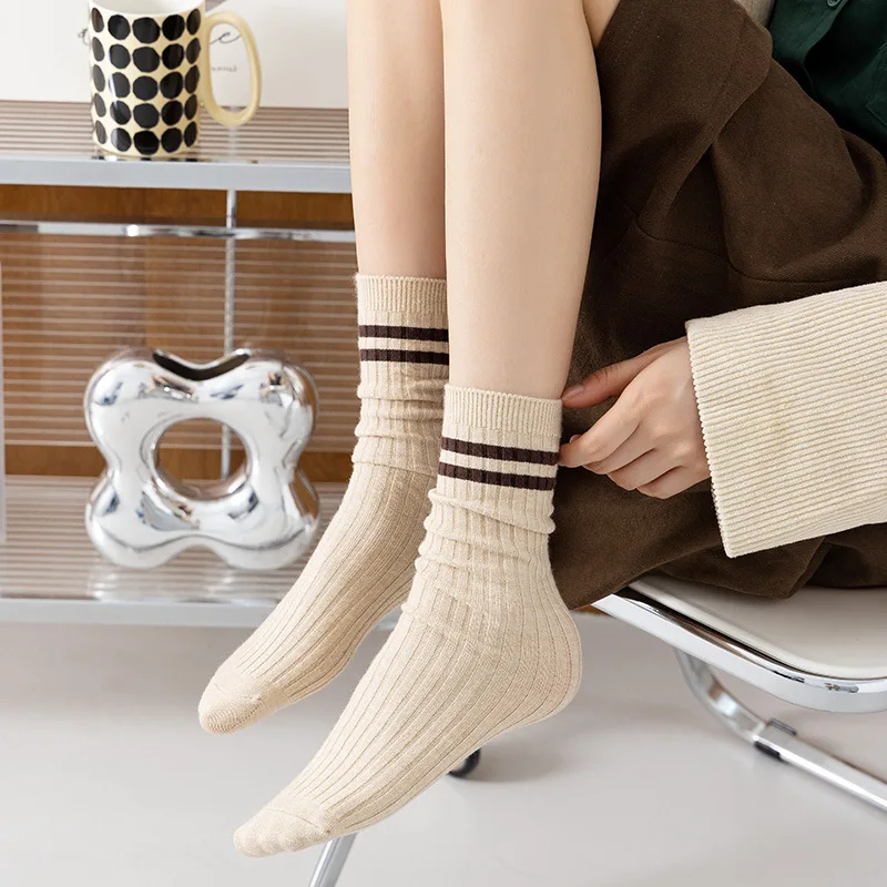 1 Pair Thick Pile Socks for Women Men Milk Tea Color Khaki Horizontal Design Autumn and Winter Underwear