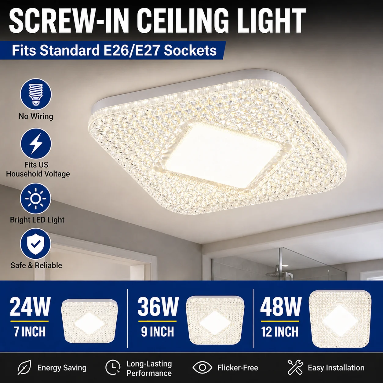 LED Ceiling Light Flush Mount Square 110V E26 E27 Screw In No Wiring Bright Ceiling Fixture Bathroom Kitchen Bedroom Hallway Clo