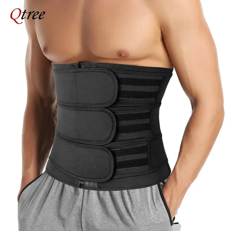 Qtree Men Hot Neoprene Body Shaper Sauna Workout Waist Trainer Trimmer Belt for Weight Loss Sweat Belly Double Straps Shapewear