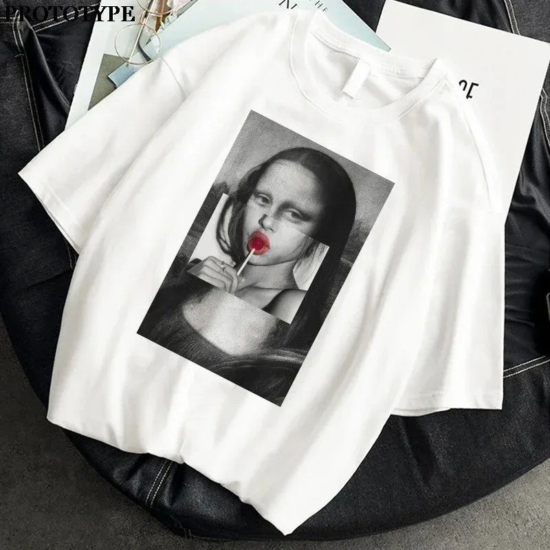 Women Oversized Tshirt Spoof Mona Lisa Prints T-shirt Summer Short Sleeve O-neck Tops T Shirt Women's Clothing Funny White Tees