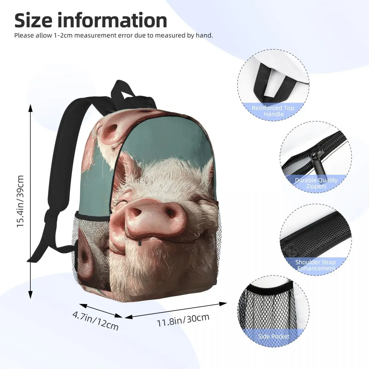 Vintage Cute Pig Realistic Backpack Daypack Large Capacity Boys Girls BookBag Shoulder Bags for Men Women Kids School Bag