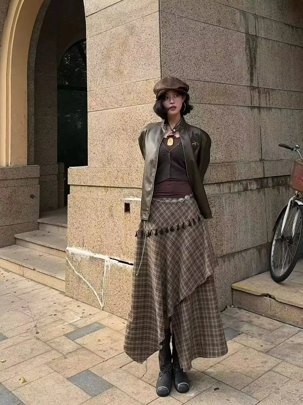 

Western Style Irregular Pattern Plaid Skirt For Women, Retro Streetwear Coffee High Waist Casual Long Skirt