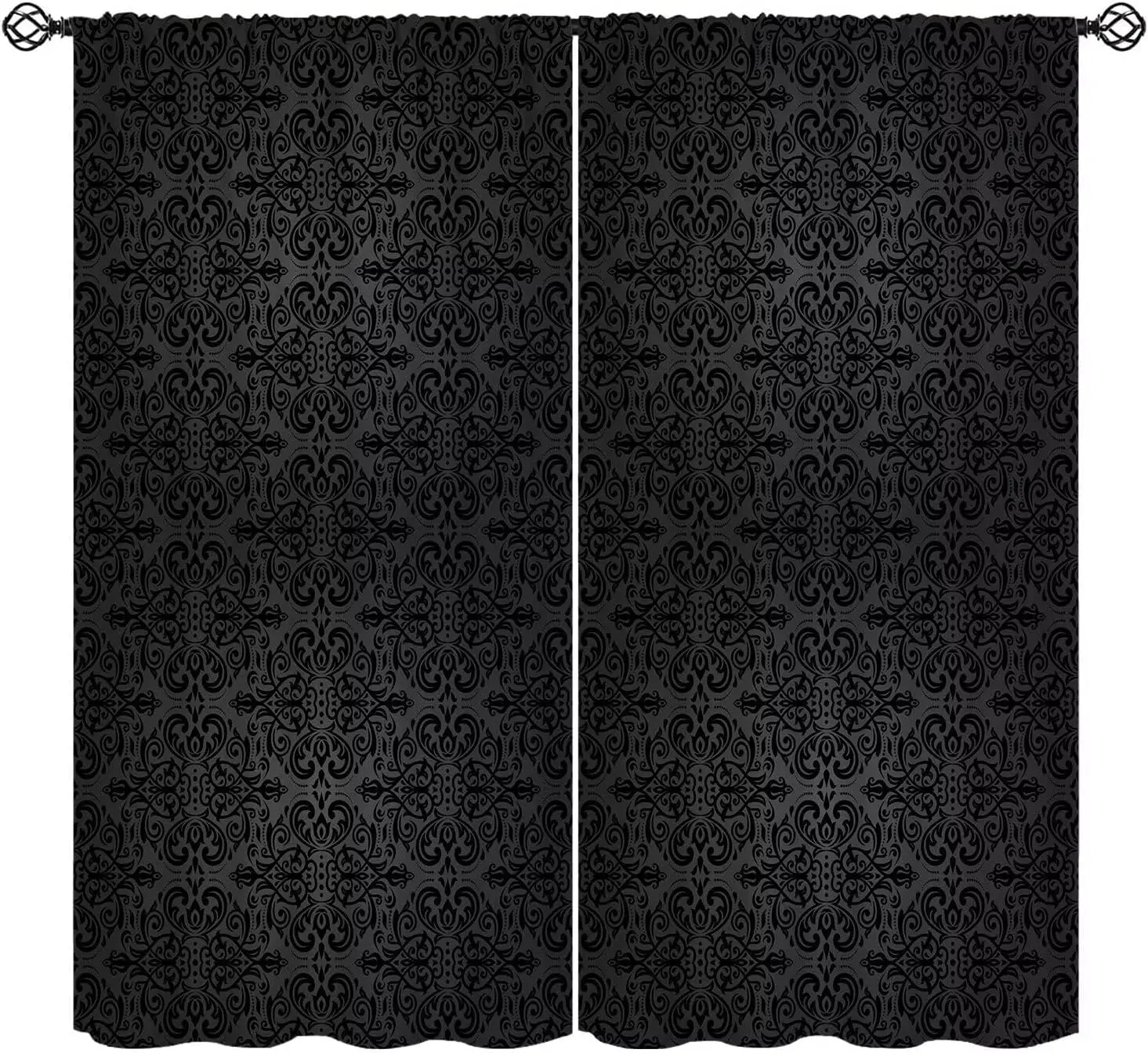 Black Vintage Damask Rod Pocket Curtain Grey Baroque Floral Scroll Symmetric Pattern Print Drapes Gothic Modern Living Room Home