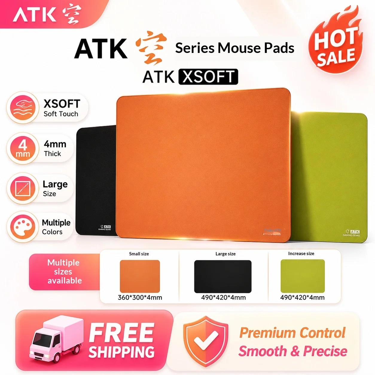Original ATK Kong Esports Mousepad 4mm Thick Quick Glide Cloth Anti-slip PU Base Gaming Desk Mat Two Sizes 3 Colors Available