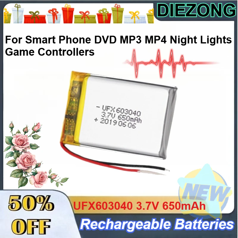 

UFX603040 3.7V 650mAh Polymer Lithium Battery for Smart Phone DVD MP3 MP4 Night Lights Game Controllers Rechargeable Batteries