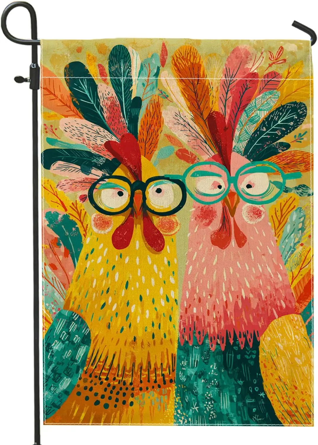 Spring Summer Garden Flag, Yellow Pink Cartoon Roosters Glasses Funny Birds Home Decor, Colorful Farmhouse Yard Flag, Whimsi UUX