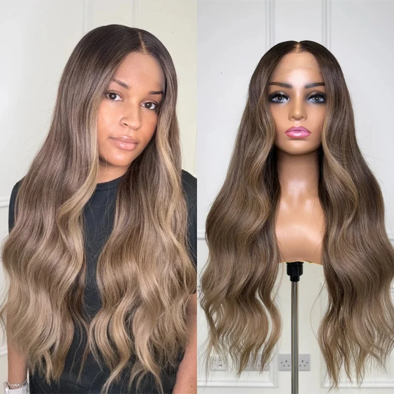 

28 Inches Ombre Dark Caramel Brown Synthetic HD Lace Front Wig Like Jewish Wig Realistic Look for White Black Women Body Wave