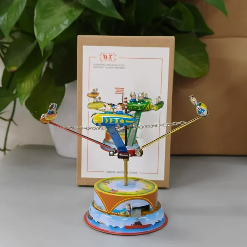 [Engraçado] coleção adulta retro wind up brinquedo metal estanho parque de diversões avião rotativo windmil relógio mecânico brinquedo figuras presente