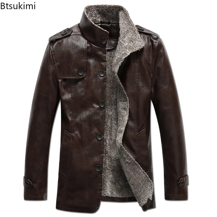 Nowość 2025 Męska skórzana kurtka garniturowa Slim Plus Płaszcz polarowy Moda Średniej długości kurtka ze skóry PU Streetwear Mężczyźni Dorywczo Ciepła odzież wierzchnia