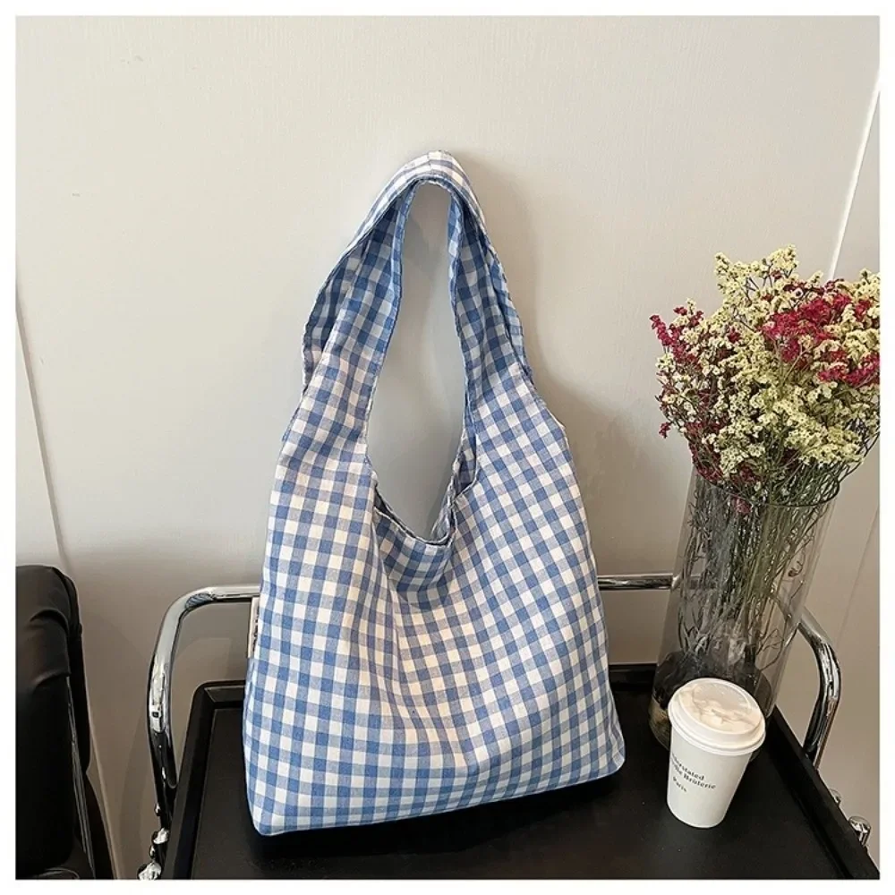 Lässige koreanische karierte Canvas-Tragetasche, Freizeit-Reise-Einkaufstasche, Doppelgriff-Schulterhandtasche für Jugendliche, Pendler und Studenten – Detail 7