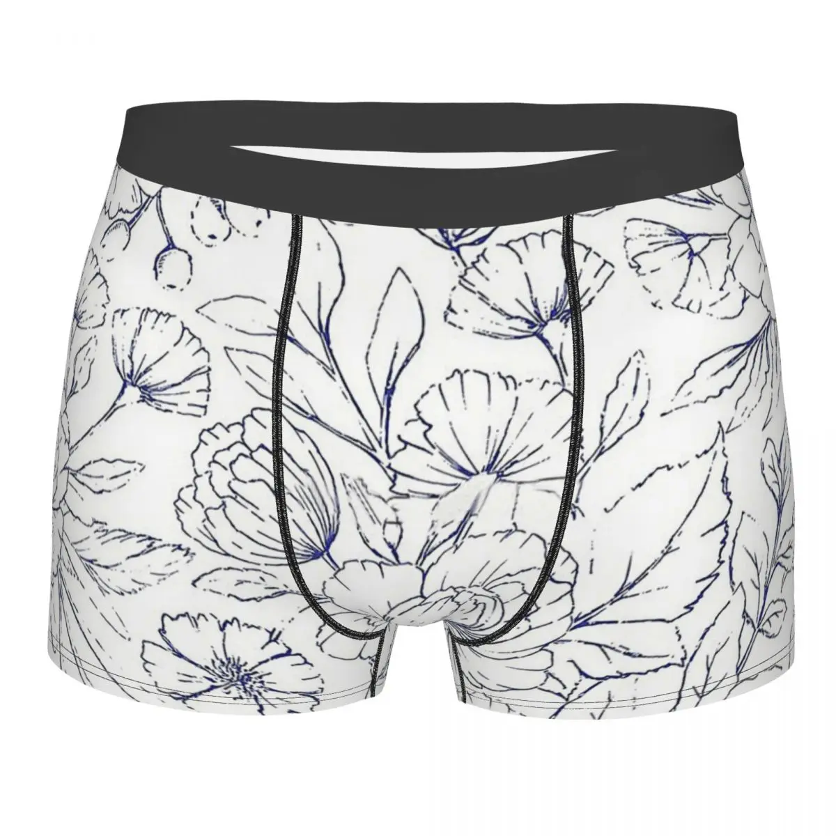 Modern Hand Drawn Navy Blue White Elegant Floral Pattern Underpants Cotton Panties Man Underwear Ventilate Shorts Boxer Briefs