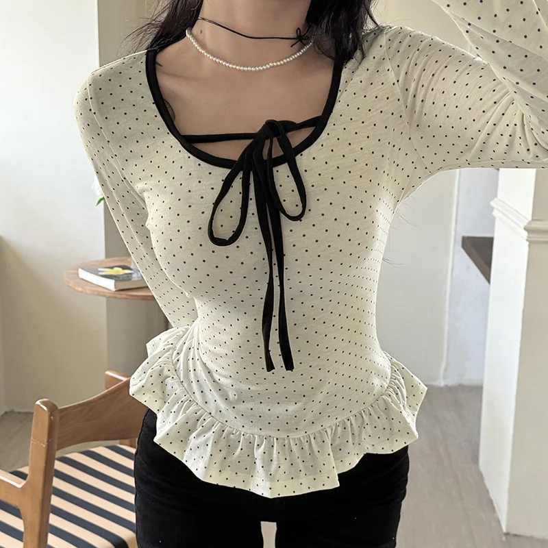 spring t shirt women clothes French polka dot print bow strap long sleeve slim ruffles hem elegant streetwear