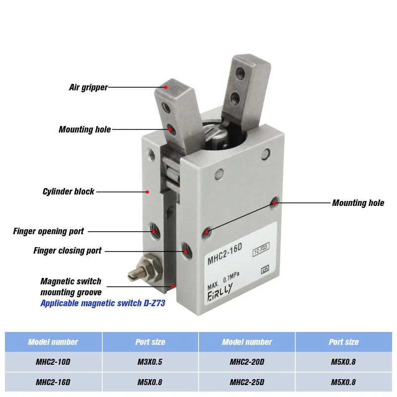 MHC2 SMC type angular style air gripper cylinder Double acting MHC2-10D/16D/20D/25D Single acting Normally Open MHC2-10S/16S/25S